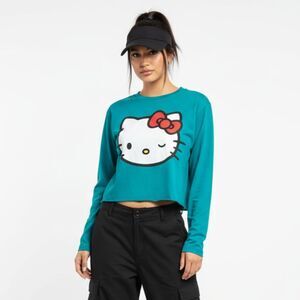 Hello Kitty Blue Graphic Print Long Sleeve Cropped Cotton T Tee Shirt L